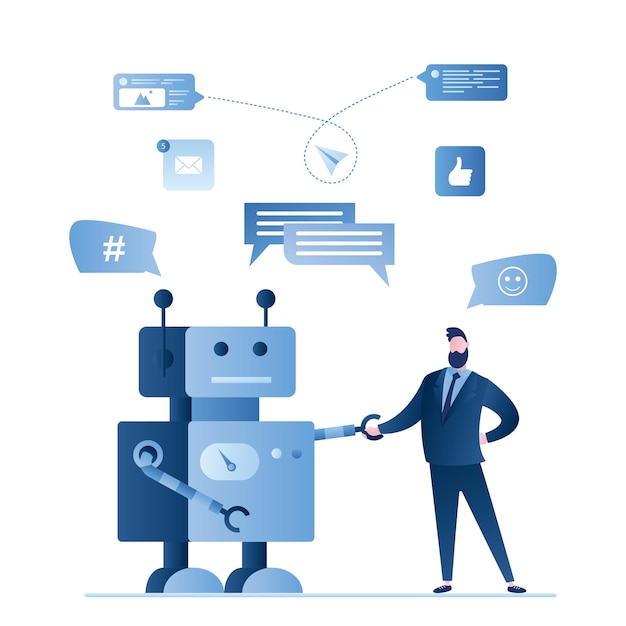 El apuesto hombre de negocios y el robot se dan la mano la inteligencia humana y artificial hablan y negocian