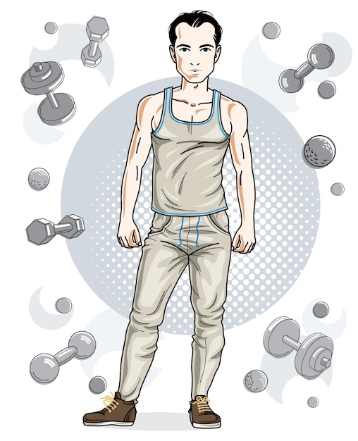 Un apuesto joven brunet está parado en un fondo simple con pesas y pesas. Ilustración de vector de deportista. Dibujos animados de tema de estilo de vida activo y saludable.