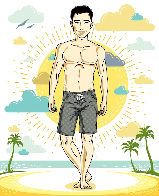 Apuesto joven brunet de pie en la playa tropical en pantalones cortos. ilustración masculina atlética vectorial. dibujos animados de tema de estilo de vida de vacaciones de verano.