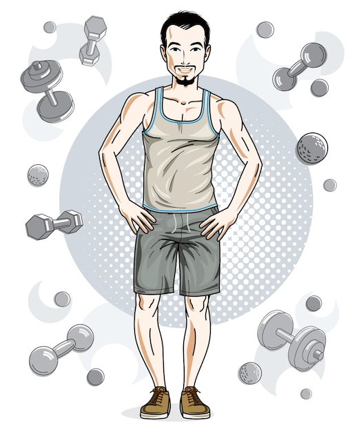 Un apuesto joven moreno con barba y bigotes posa en un fondo simple con pesas y pesas. Ilustración de vector de deportista. Ejercicio y tema de entrenamiento.