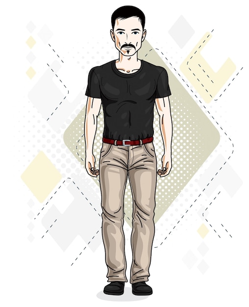 Vector apuesto joven moreno de pie. ilustración de vector de hombre con barba y bigotes con ropa casual con estilo.