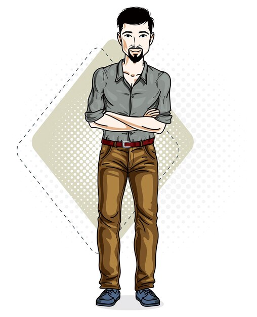 Vector apuesto joven moreno de pie. ilustración de vector de hombre con barba y bigotes con ropa casual con estilo.