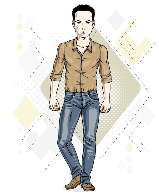 Apuesto joven moreno de pie. Ilustración de vector de hombre vestido con ropa casual con estilo.
