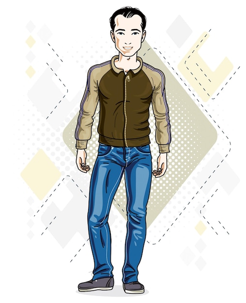 Apuesto joven moreno de pie. Ilustración de vector de hombre vestido con ropa casual con estilo.