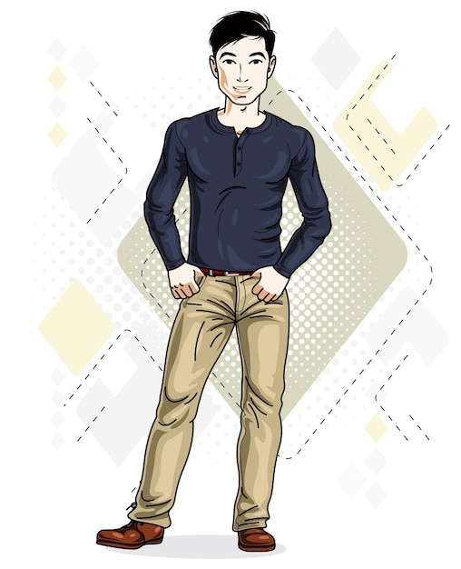 Apuesto joven moreno de pie. Ilustración de vector de hombre vestido con ropa casual con estilo.