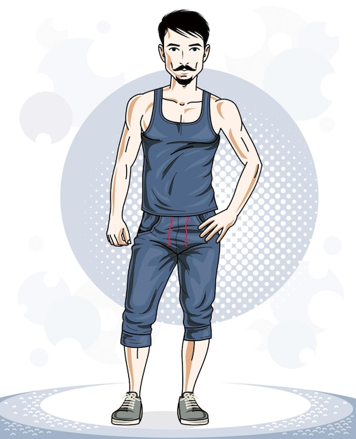 Apuesto joven moreno posando. Ilustración de vector de deportista con barba y bigotes. Ejercicio y tema de entrenamiento.