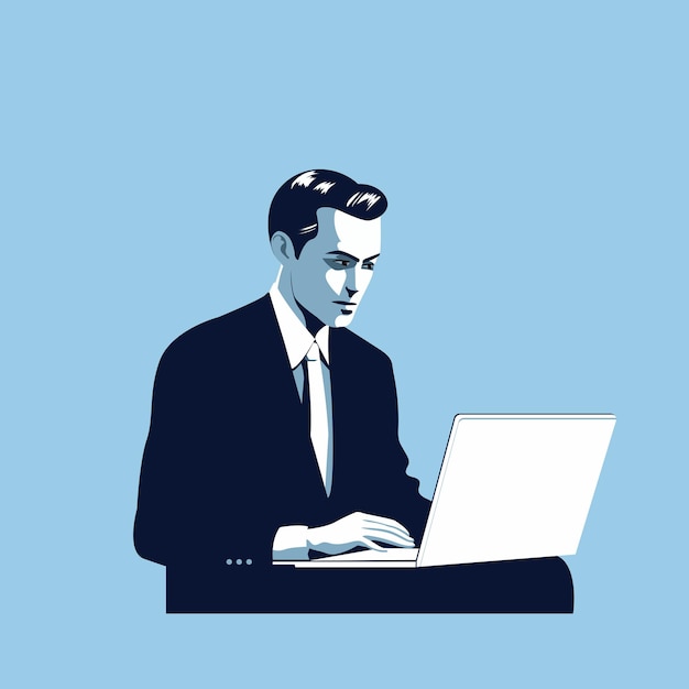 Un apuesto personaje de hombre de negocios que trabaja con una computadora portátil en el escritorio con fondo turquesa