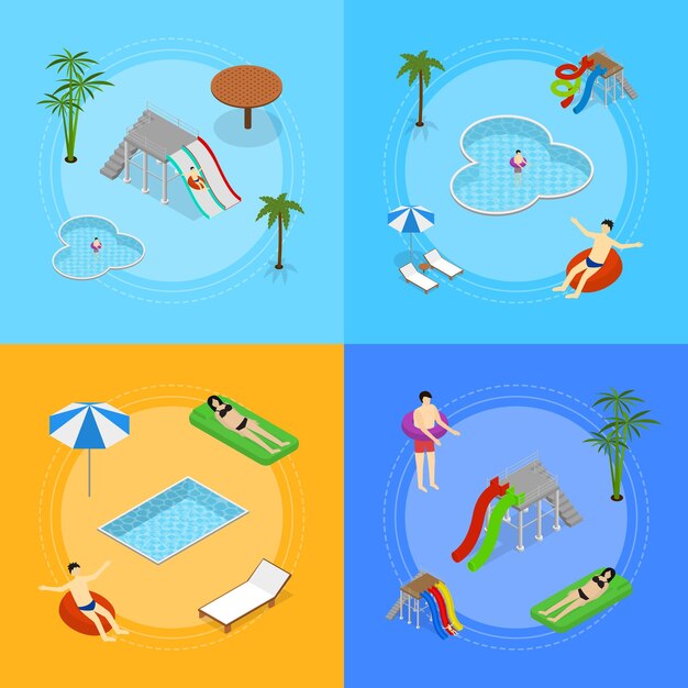 Aqua Park Banner Card Set Vector de vista isométrica