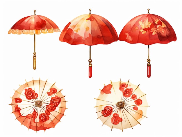 Vector aquarela abstracta del año nuevo chino elemento decorativo con fondo de color rojo y blanco decoración linterna nubes flores león danza dragón paraguas conjunto colección para patrón