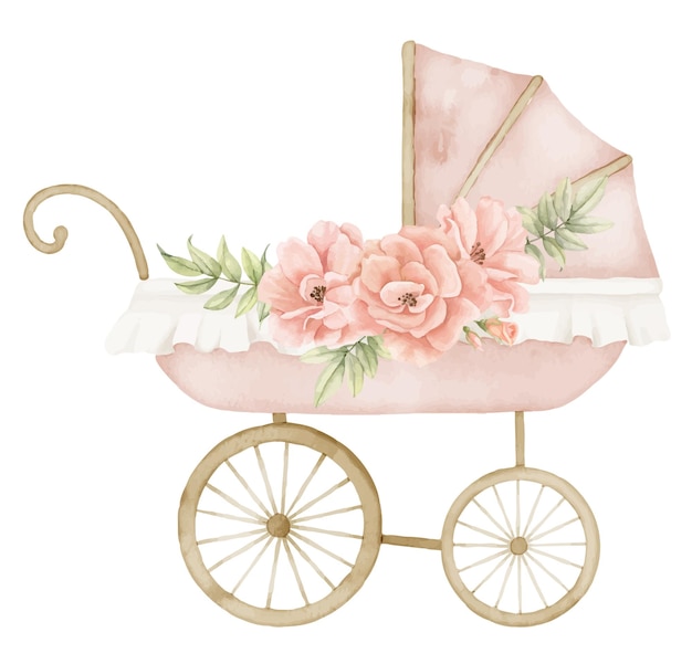 Vector aquarela para bebés con flores de rosas en estilo vintage cochecito para niños retro en colores pastel rosa y beige bonito carruaje para niños ilustración dibujada a mano de un perambulador para la fiesta de recién nacidos