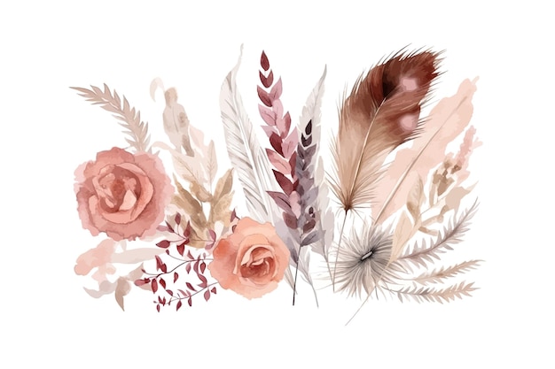 Aquarela boho ramo floral y elementos de pampa diseño de ilustración vectorial