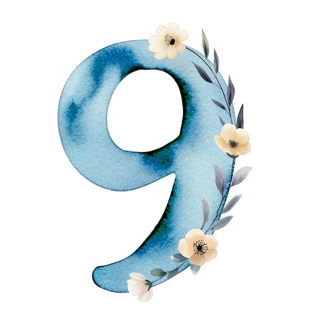 Aquarela dibujada a mano número 9 con delicadas flores de acuarela Pintura azul del número nueve