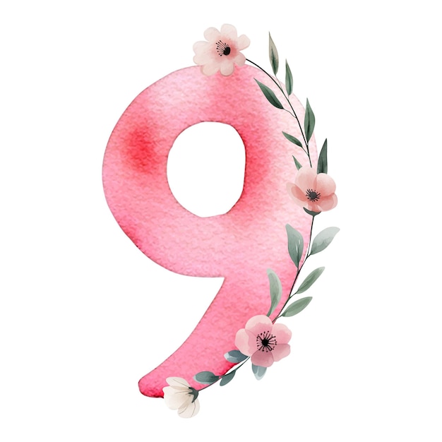 Aquarela dibujada a mano número 9 con flores delicadas Pintura rosa del número nueve