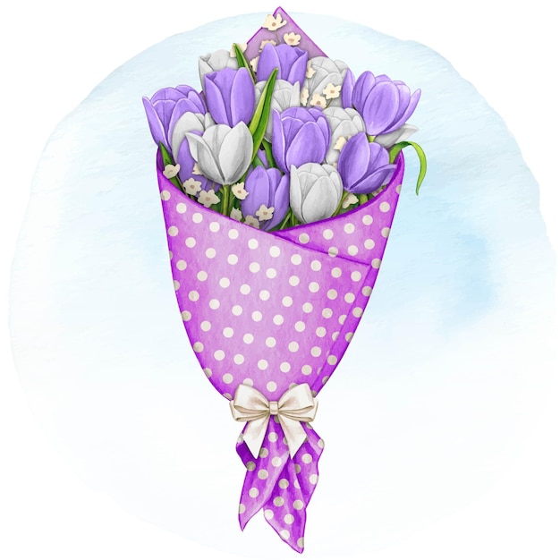 Aquarela dibujada a mano en primavera con un ramo de tulipanes