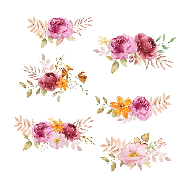 Aquarela elegante ramo de flores y hojas de otoño