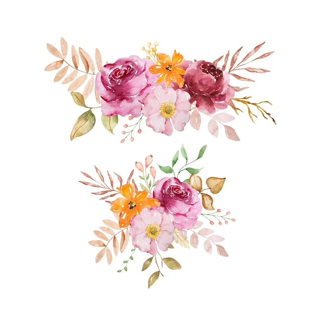 Aquarela elegante ramo de flores y hojas de otoño