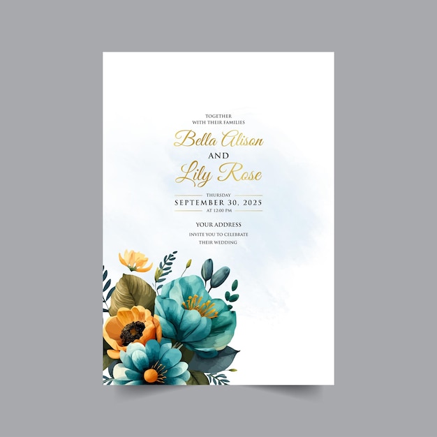 Aquarela elegante tarjeta de invitación con fondo floral y hojas