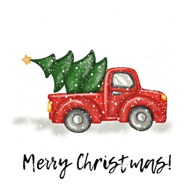 Aquarela feliz tarjeta de felicitación de Navidad con camión rojo retro coche vintage y árbol de Navidad