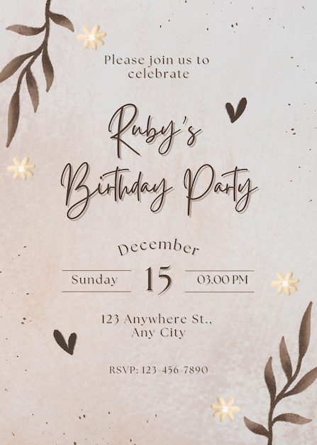 Aquarela floral marrón deja una invitación de cumpleaños 1