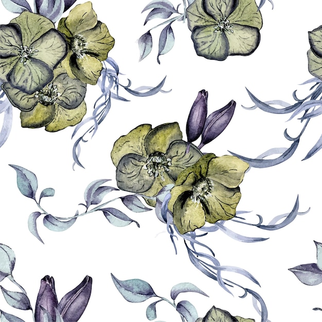 Aquarela flores y follaje de color verde oscuro aislados en blanco patrón floral gótico sin costuras dibujado embalaje de arte botánico con hojas de héleboro Diseño para telón de fondo textil boda negra