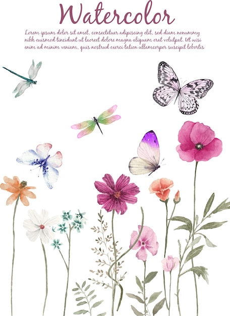 Aquarela de flores silvestres con mariposas Ilustración dibujada a mano para su diseño