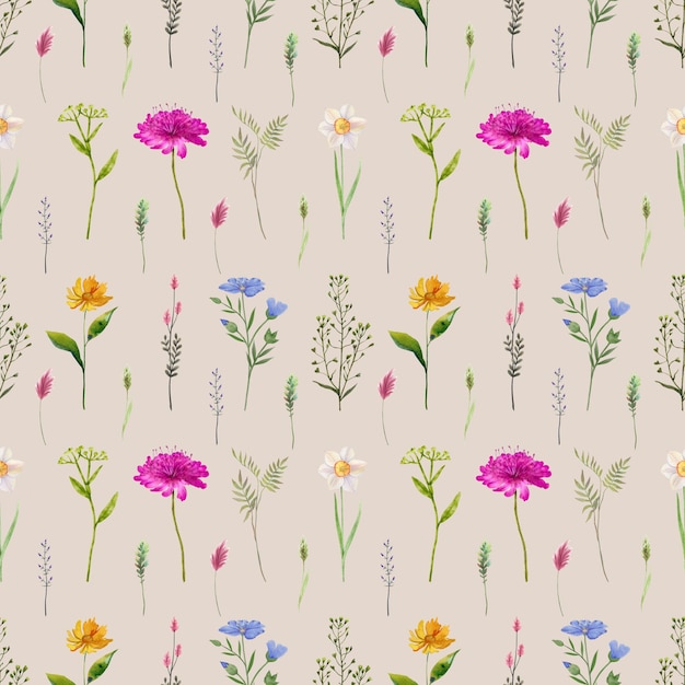 Aquarela de flores silvestres con patrón sin costuras Patrón de flores Ilustración vintage plantilla pintada a mano