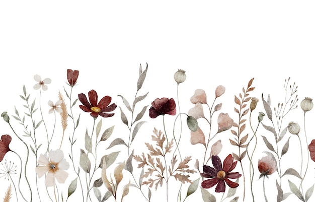 Vector aquarela flores silvestres secas con borde sin costuras