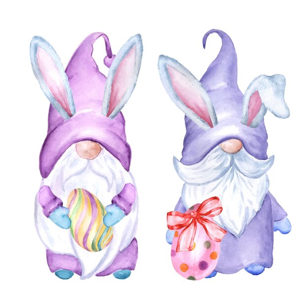 Vector aquarela de gnomos de pascua con orejas de conejo y huevos de pascua
