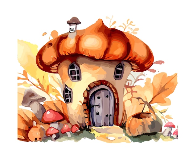 Vector aquarela de hadas en la casa de los hongos en otoño