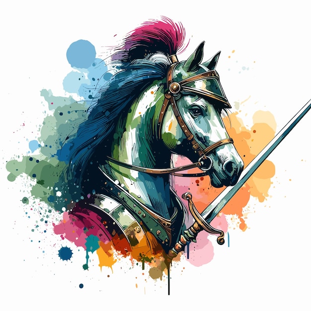 Vector aquarela ilustración antropomórfica de un caballo con espada y brida
