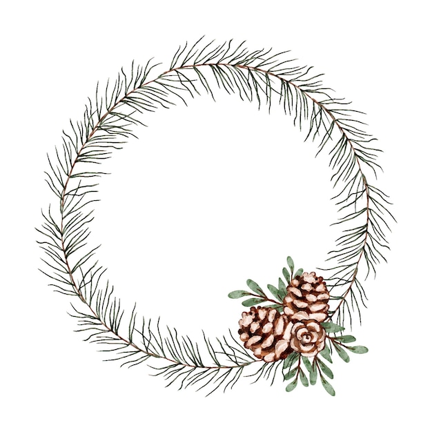 Aquarela de Navidad corona floral pintada a mano marco redondo vintage con conos de pino de Navidad