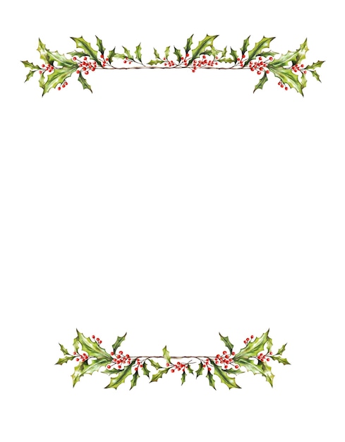 Aquarela de Navidad marco botánico borde con ramas hojas bayas rojas plantilla de tarjeta de año nuevo
