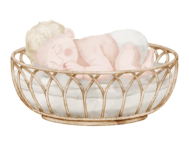 Aquarela niño o niña durmiendo en una cuna de ratán en colores pastel neutros ilustración de lindo
