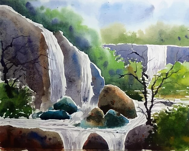 Vector aquarela paisaje pintura de la naturaleza ilustración de cascada
