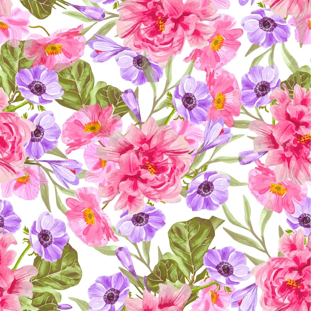 Aquarela patrón floral sin costuras flores rosas y púrpuras peonías y anémonas