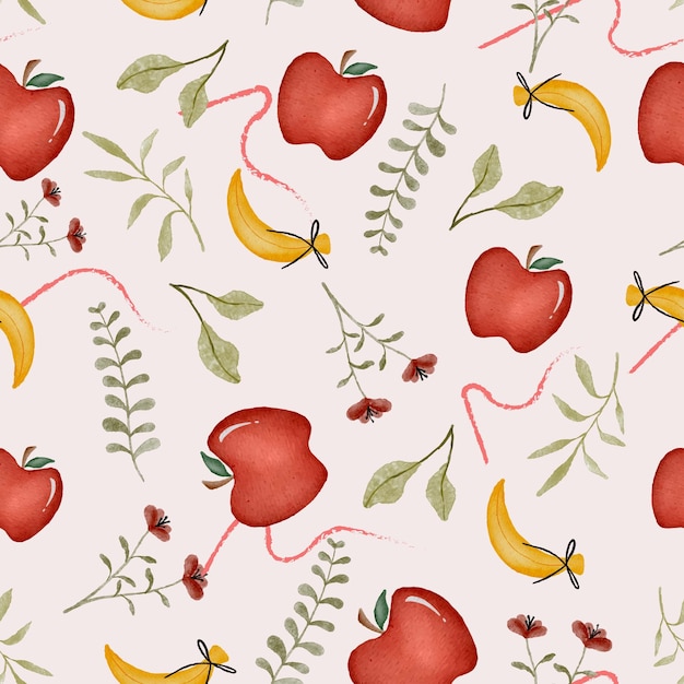 Aquarela Plátano Frutas de manzana Patrón sin costuras