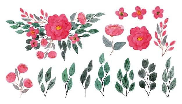 Aquarela rama floral rosa rosa y hojas verdes elementos colección de arreglos de ramos