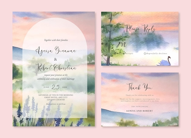 Vector aquarela romántica lago de cisnes y flores de lavanda plantilla de invitación de boda