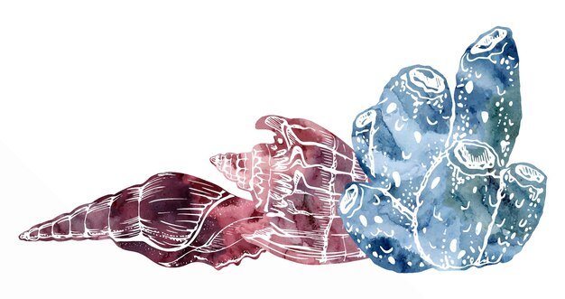 Aquarela y tinta dibujada a mano vida marina océano criaturas submarinas peces conchas algas algas marinas