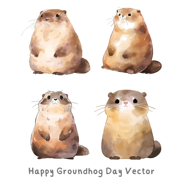 Vector aquarela de vacaciones del día de la marmota con elementos de marmota en estilo de dibujos animados