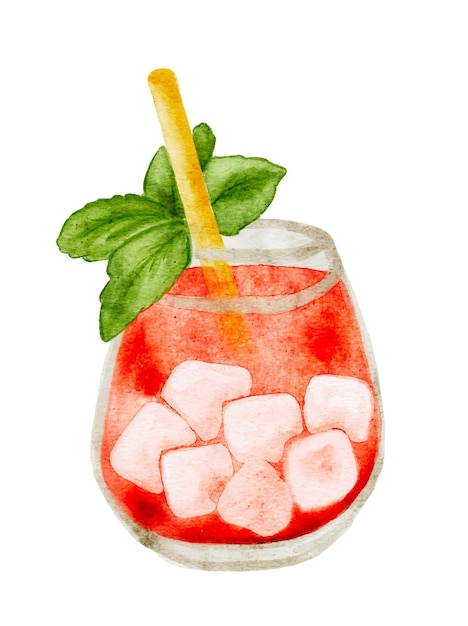 Aquarela de verano cóctel brillante bebida fría con hielo y menta