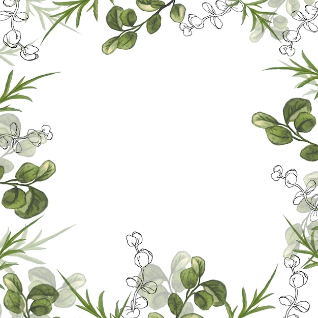 Aquarela verde hojas arte de línea y ramas corona cuadrada marco de botánica dibujado a mano plantilla para invitación de boda o tarjetas fondo vectorial