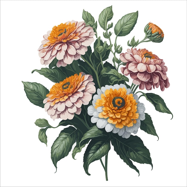 Vector aquarela de zinnia elegans con clipart vectorial y ramo floral