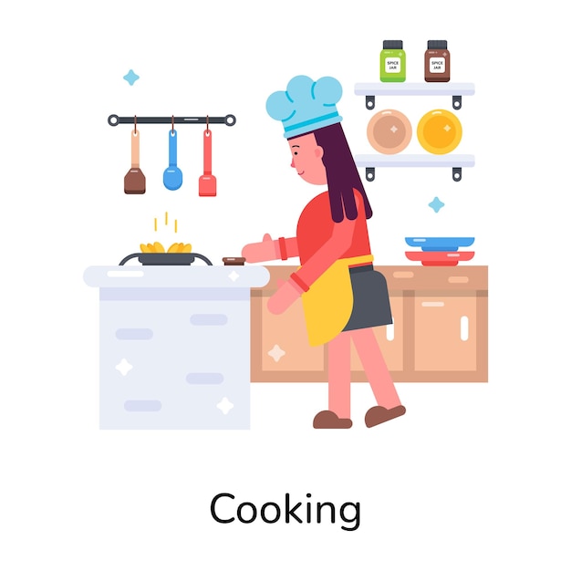Aquí hay un icono plano de la chica cocinera