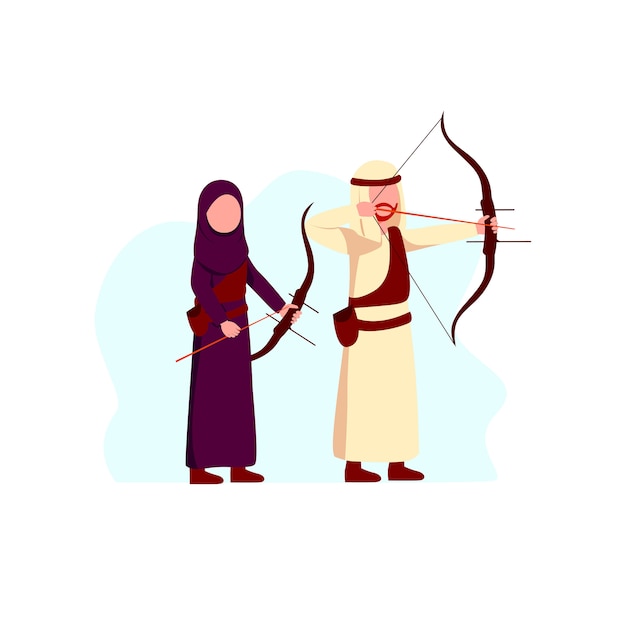Árabe musulmán hombre y mujer deporte actividad tiro con arco ilustración