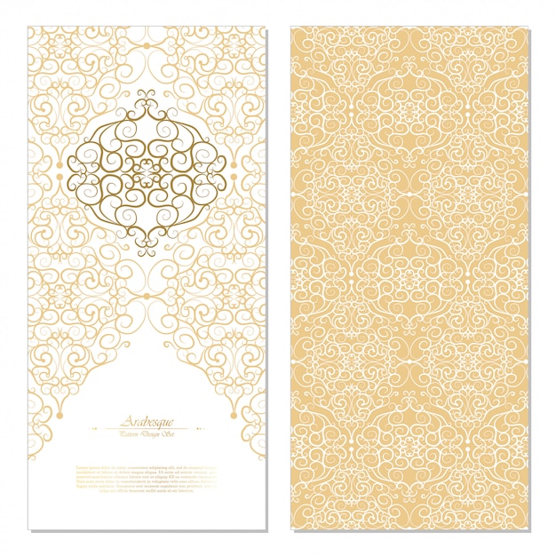 Vector arabesque elemento oriental abstracto blanco y fondo dorado tarjeta