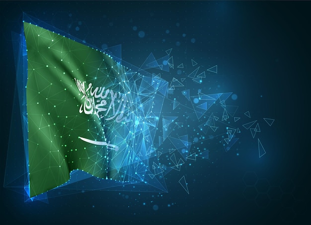 Arabia Saudita, bandera, objeto virtual abstracto 3D de polígonos triangulares sobre un fondo azul.