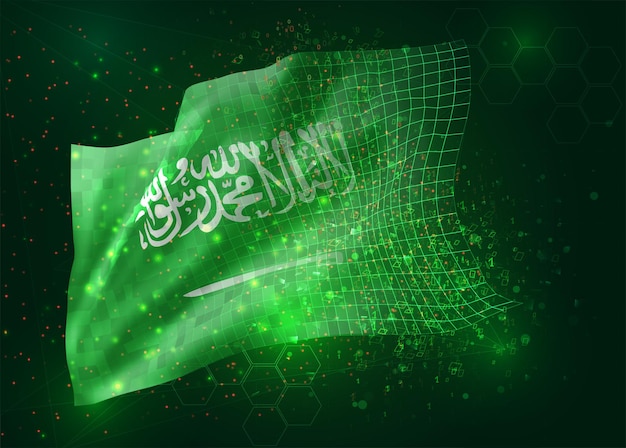 Arabia Saudita, vector bandera 3d sobre fondo verde con polígonos y números de datos