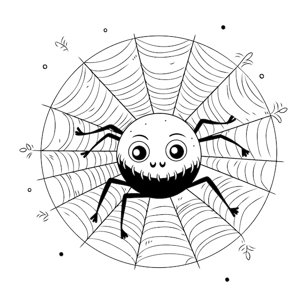 Araña de dibujos animados lindo en la web Ilustración de vector blanco y negro