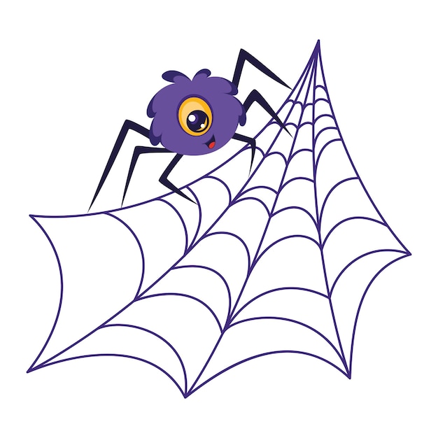 Araña linda en la web. Ilustración vectorial de dibujos animados